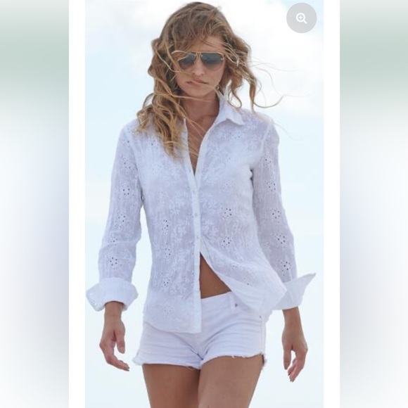 Cino Tops - Sundance Cino Crinkle White eyelet embroidered button down shirt Sz S